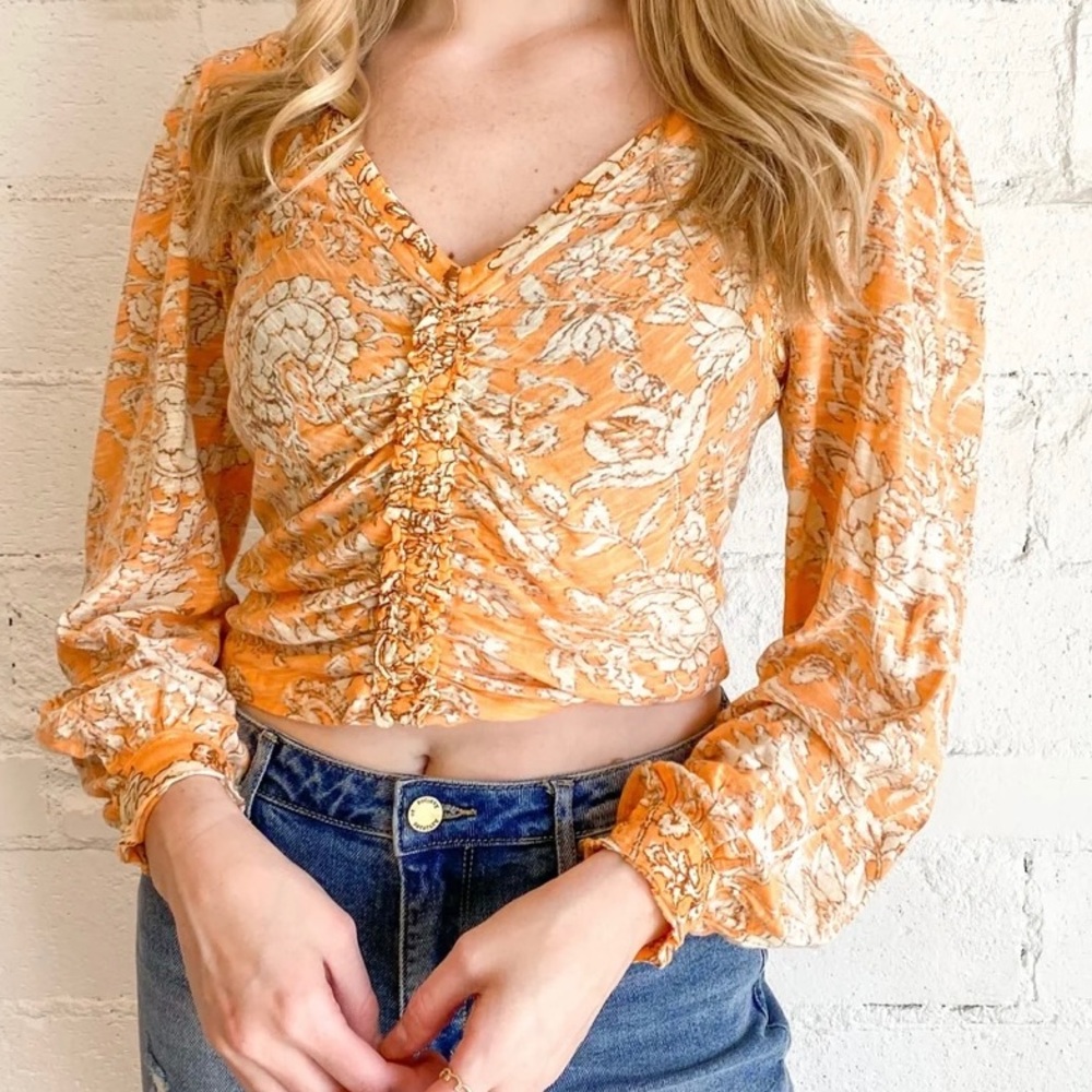 NWT Free People Say The Word Long Sleeve Floral Print Cropped Top Size XL